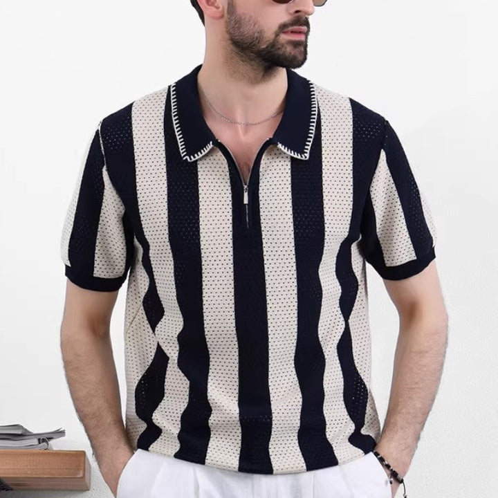 Men's Striped Knit Polo Shirt with Quarter-Zip Closure and Ribbed Cuffs