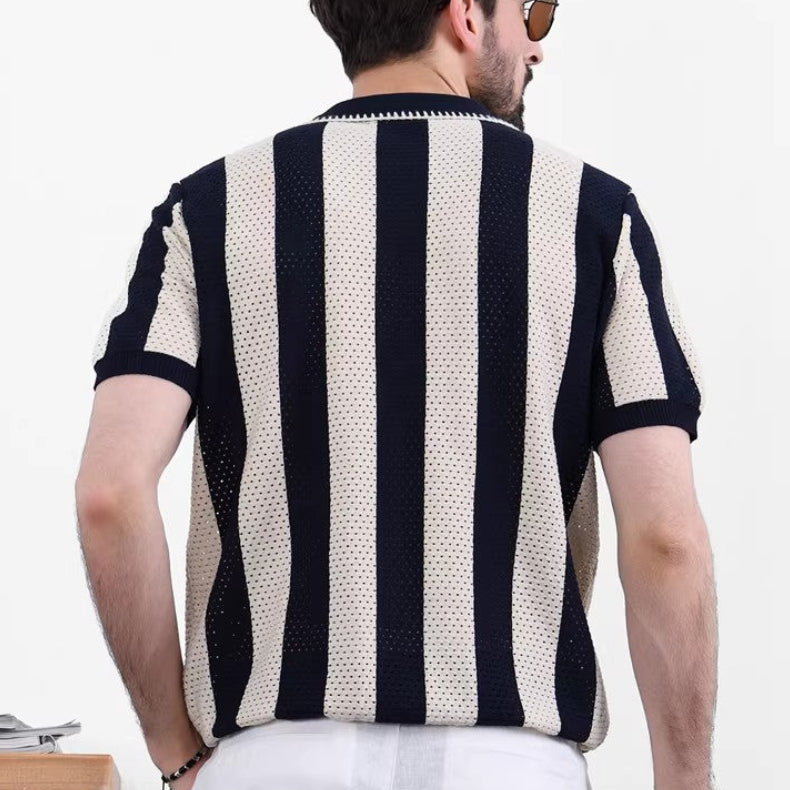 Men's Striped Knit Polo Shirt with Quarter-Zip Closure and Ribbed Cuffs