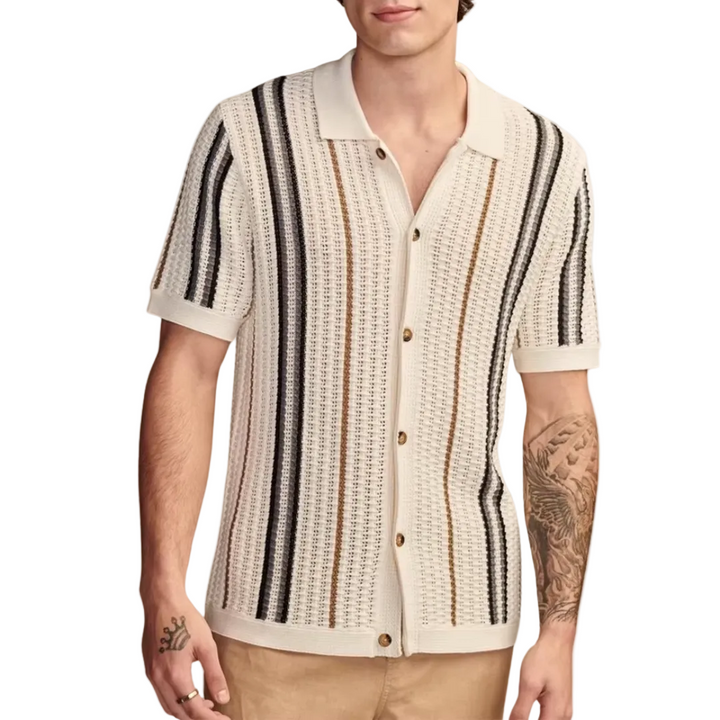 Men's Striped Openwork Knit Shirt with Revere Collar and Full Button-Front Closure