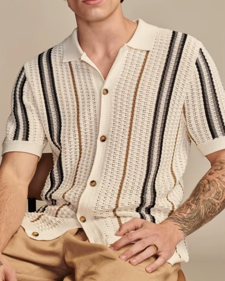 Men's Striped Openwork Knit Shirt with Revere Collar and Full Button-Front Closure