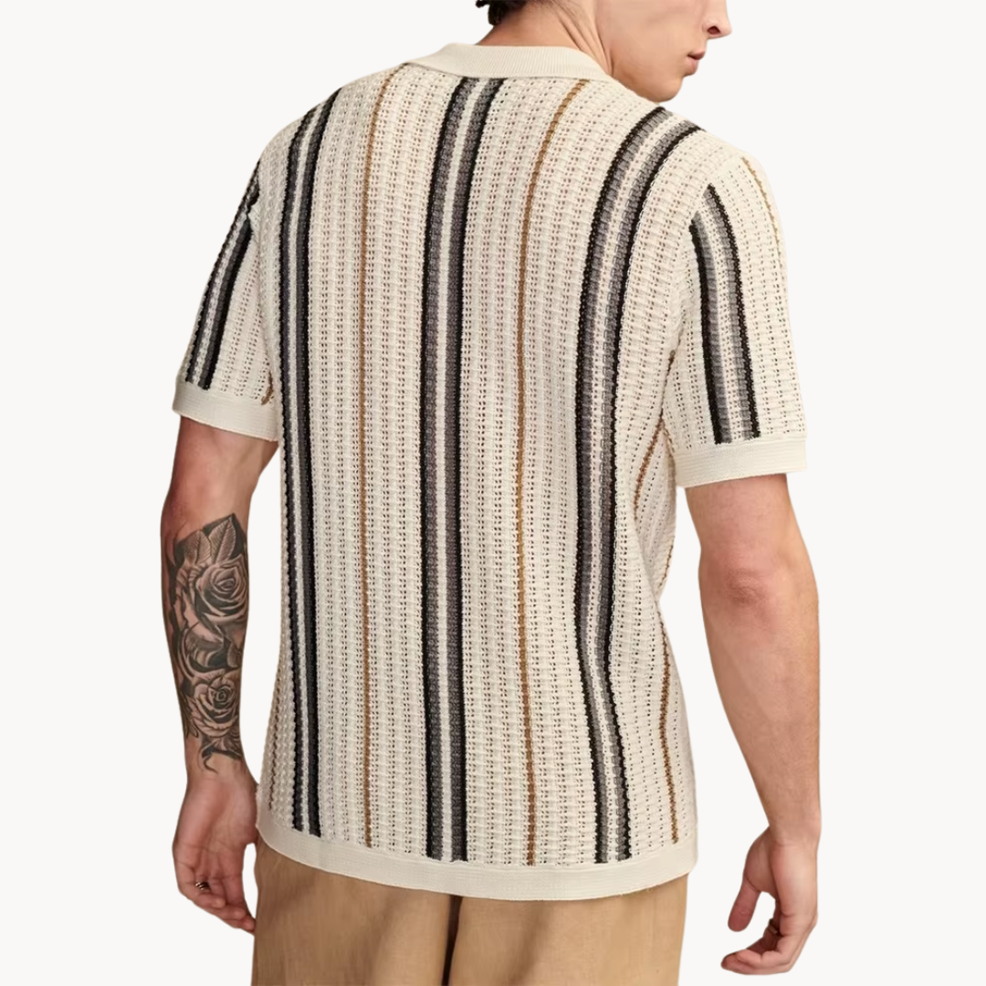Men's Striped Openwork Knit Shirt with Revere Collar and Full Button-Front Closure