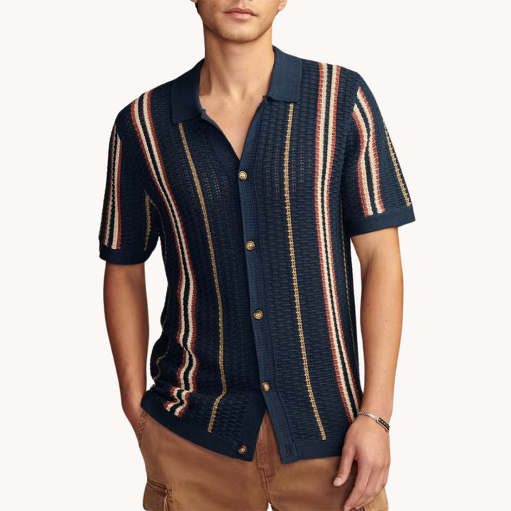 Men's Striped Openwork Knit Shirt with Revere Collar and Full Button-Front Closure