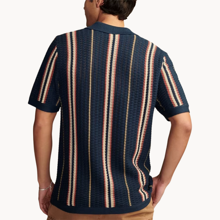 Men's Striped Openwork Knit Shirt with Revere Collar and Full Button-Front Closure