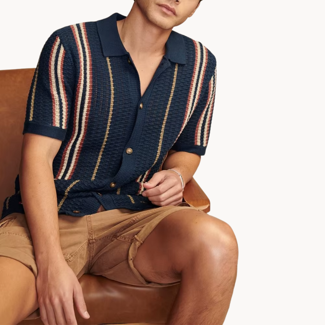 Men's Striped Openwork Knit Shirt with Revere Collar and Full Button-Front Closure