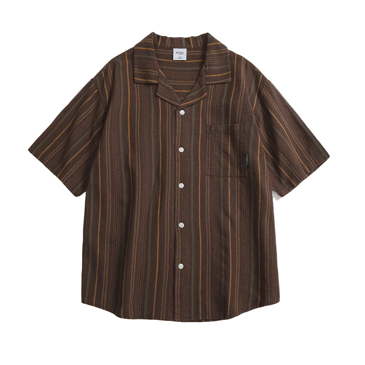 Men's Striped Short-Sleeve Shirt with Revere Collar Chest Pocket and Full Button-Front Closure
