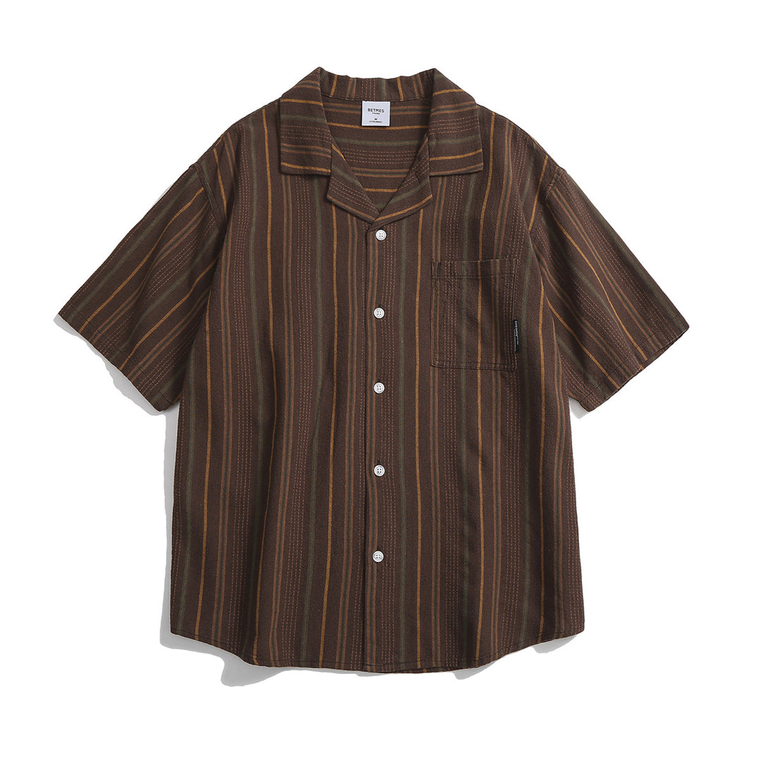 Men's Striped Short-Sleeve Shirt with Revere Collar Chest Pocket and Full Button-Front Closure
