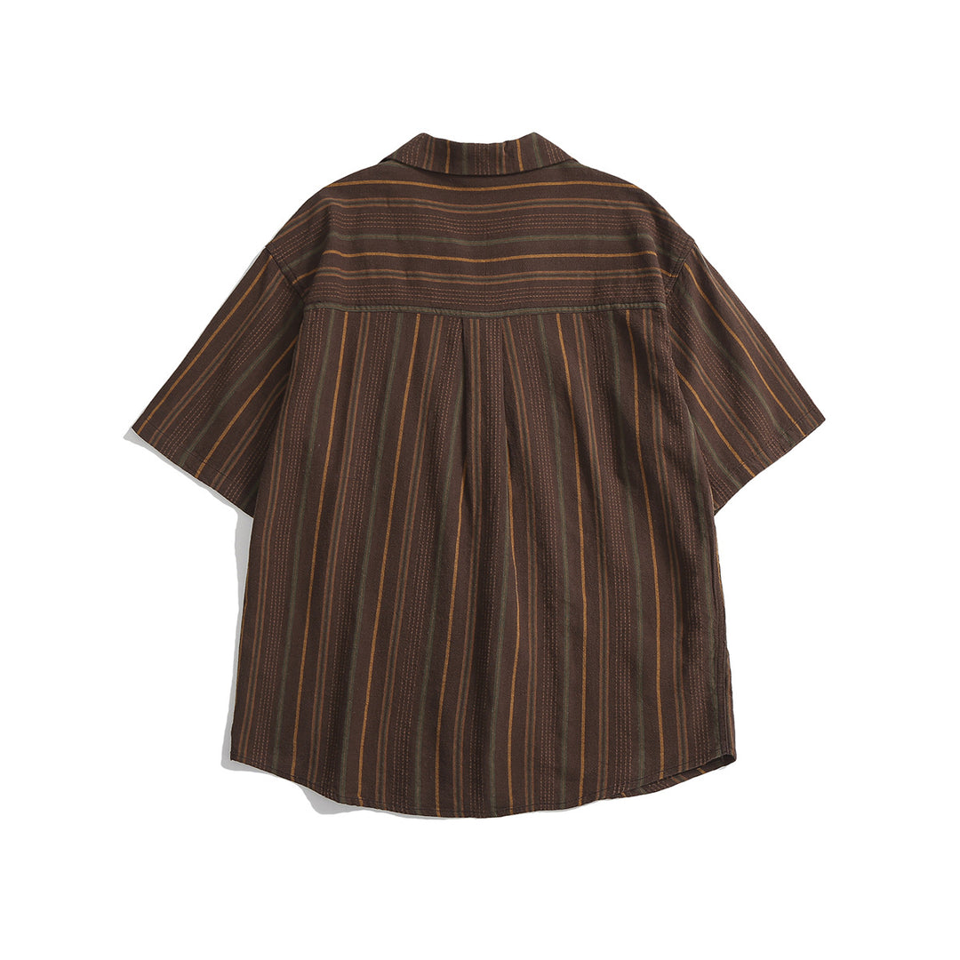 Men's Striped Short-Sleeve Shirt with Revere Collar Chest Pocket and Full Button-Front Closure