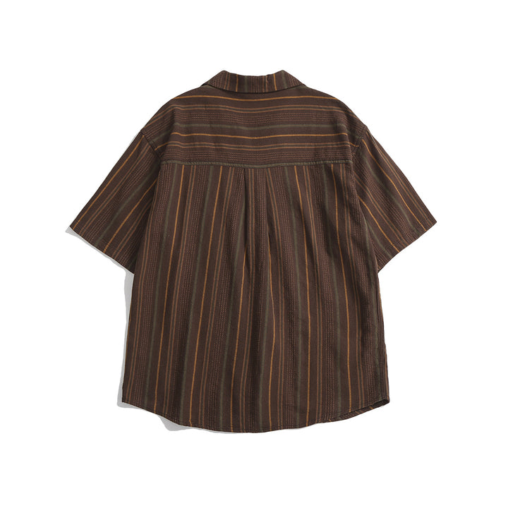 Men's Striped Short-Sleeve Shirt with Revere Collar Chest Pocket and Full Button-Front Closure