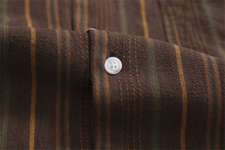 Men's Striped Short-Sleeve Shirt with Revere Collar Chest Pocket and Full Button-Front Closure
