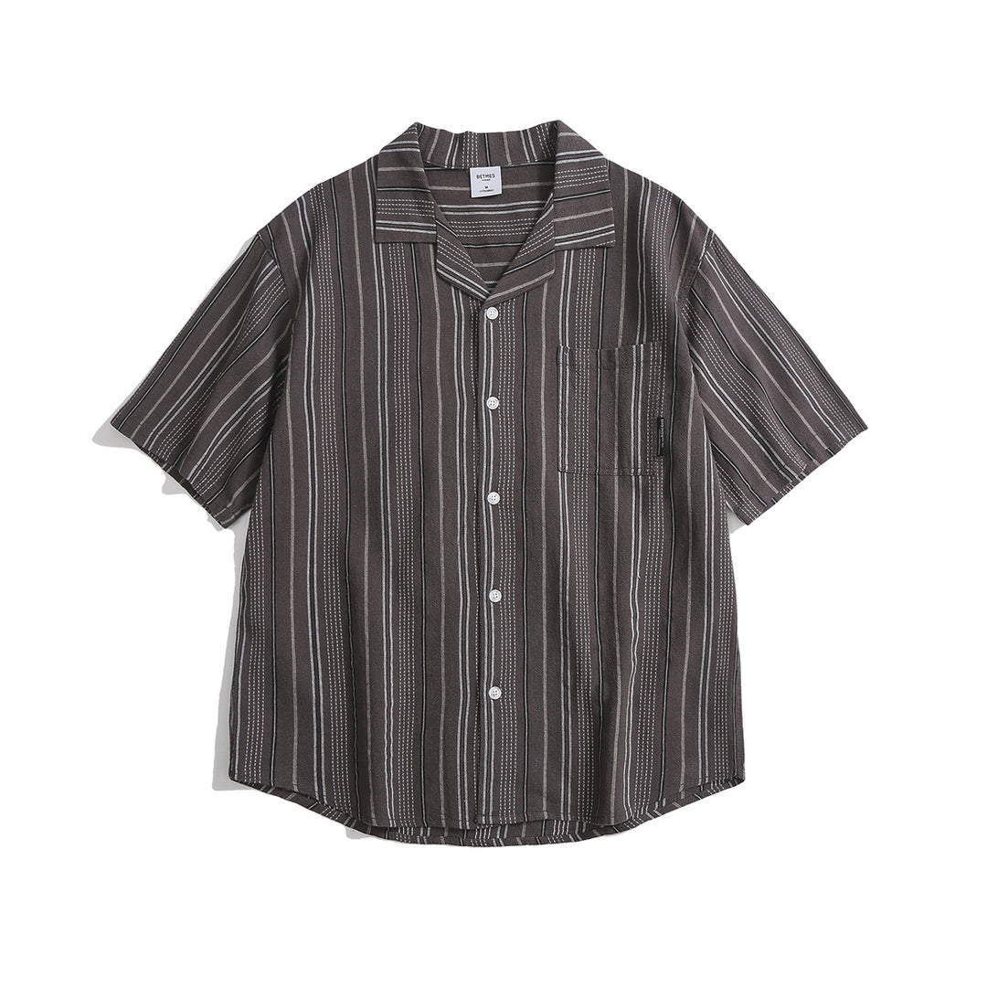 Men's Striped Short-Sleeve Shirt with Revere Collar Chest Pocket and Full Button-Front Closure