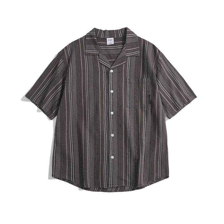 Men's Striped Short-Sleeve Shirt with Revere Collar Chest Pocket and Full Button-Front Closure