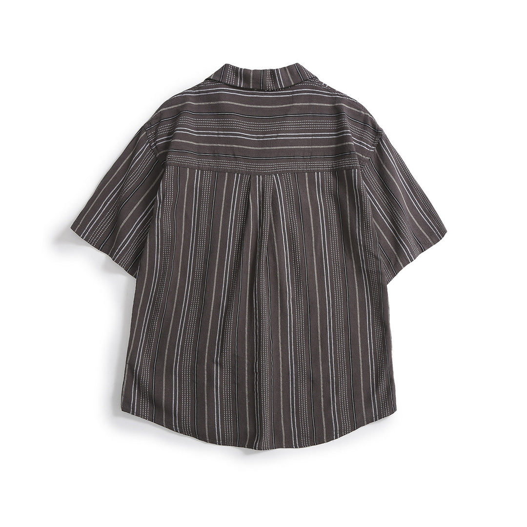 Men's Striped Short-Sleeve Shirt with Revere Collar Chest Pocket and Full Button-Front Closure