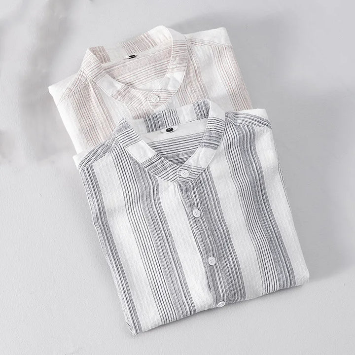Men's Striped Short-Sleeve Shirt with Stand Collar and Partial Button Placket