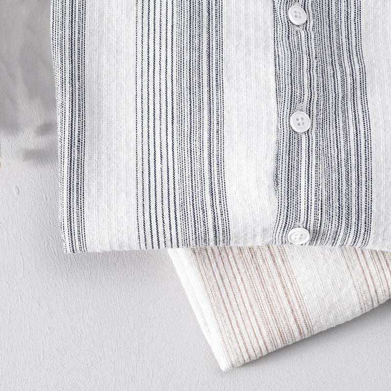 Men's Striped Short-Sleeve Shirt with Stand Collar and Partial Button Placket
