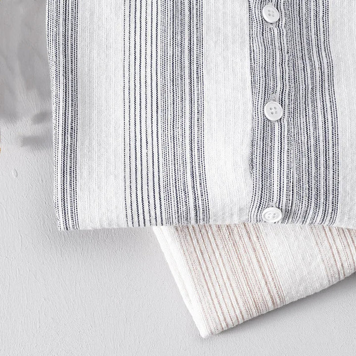 Men's Striped Short-Sleeve Shirt with Stand Collar and Partial Button Placket