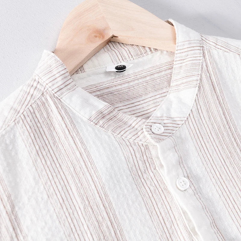 Men's Striped Short-Sleeve Shirt with Stand Collar and Partial Button Placket