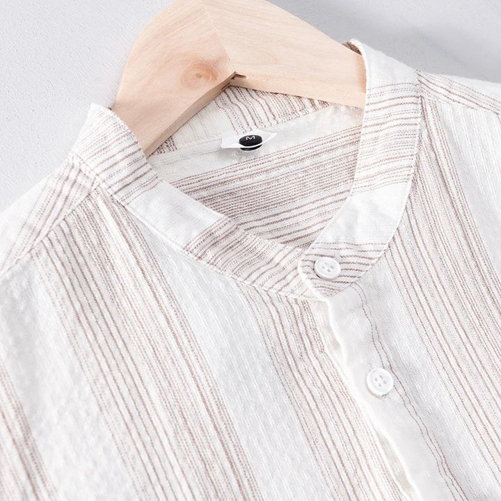 Men's Striped Short-Sleeve Shirt with Stand Collar and Partial Button Placket