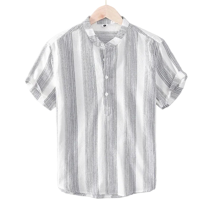 Men's Striped Short-Sleeve Shirt with Stand Collar and Partial Button Placket