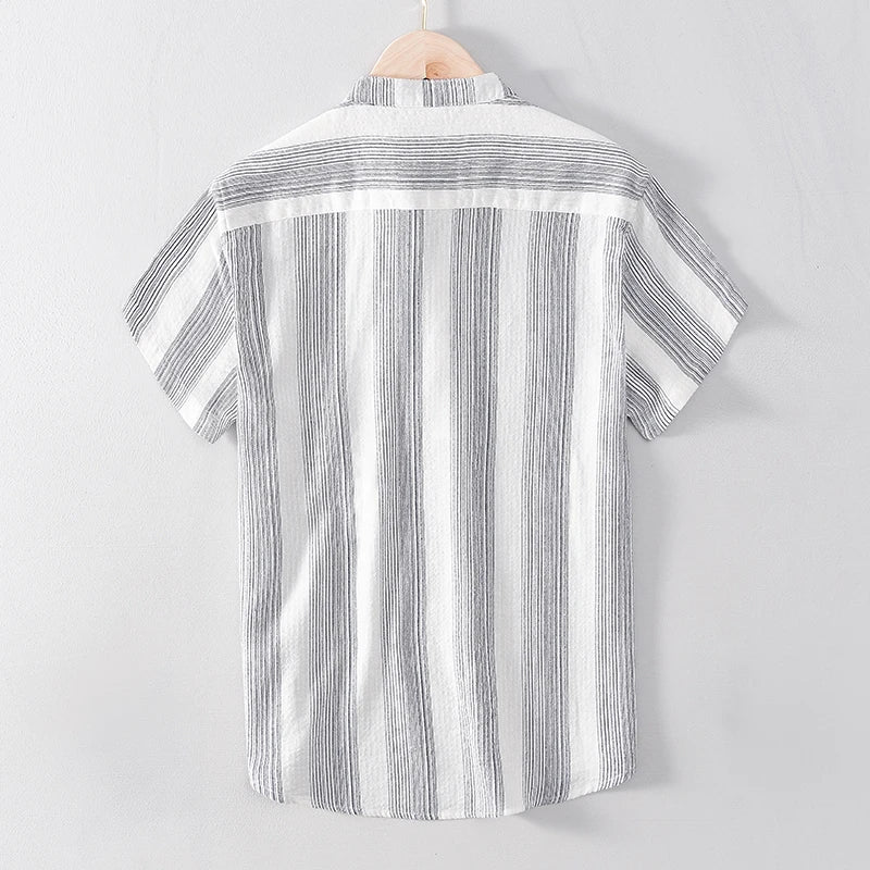 Men's Striped Short-Sleeve Shirt with Stand Collar and Partial Button Placket
