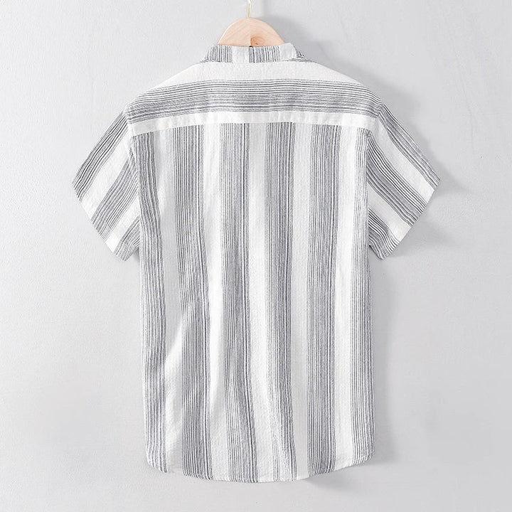 Men's Striped Short-Sleeve Shirt with Stand Collar and Partial Button Placket