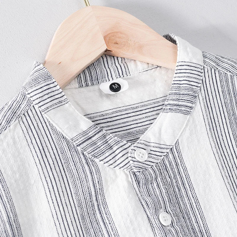 Men's Striped Short-Sleeve Shirt with Stand Collar and Partial Button Placket