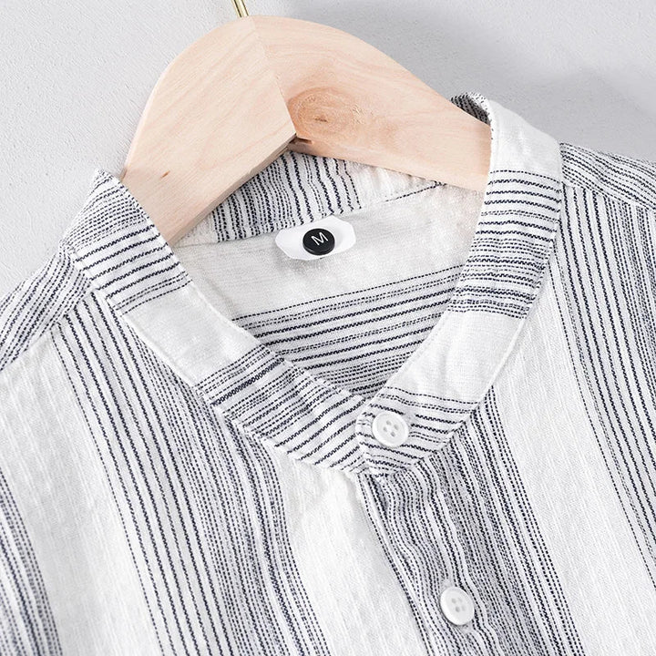 Men's Striped Short-Sleeve Shirt with Stand Collar and Partial Button Placket