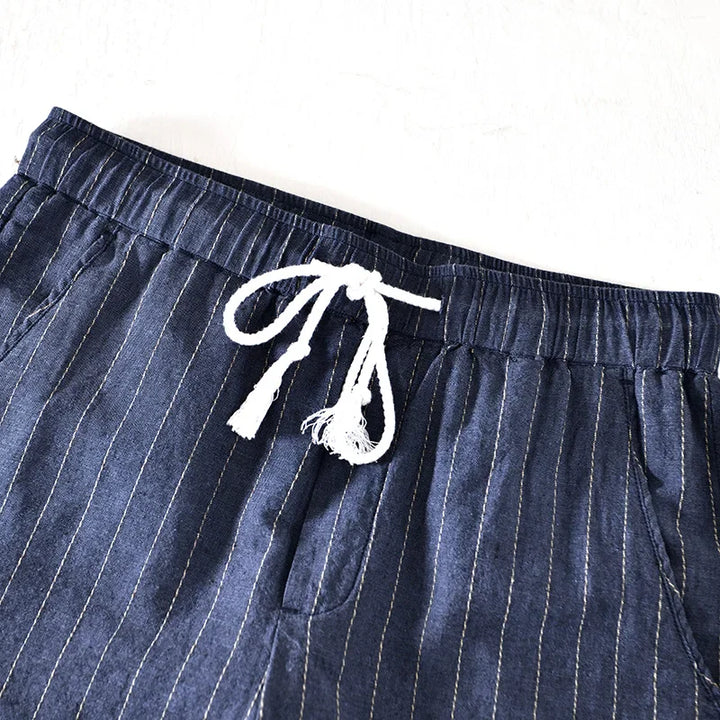 Men's Striped Shorts with Elastic Drawstring Waist Side Pockets and Folded Cuff Hem