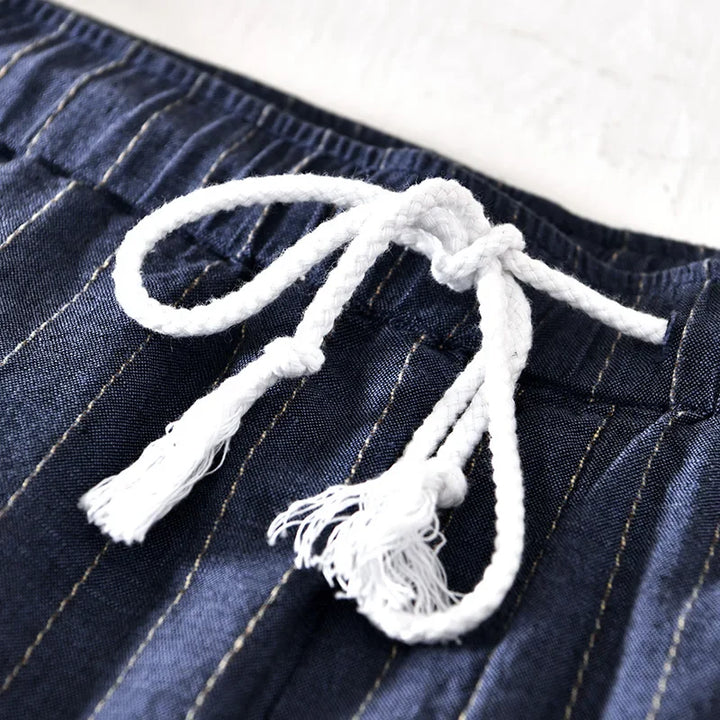 Men's Striped Shorts with Elastic Drawstring Waist Side Pockets and Folded Cuff Hem
