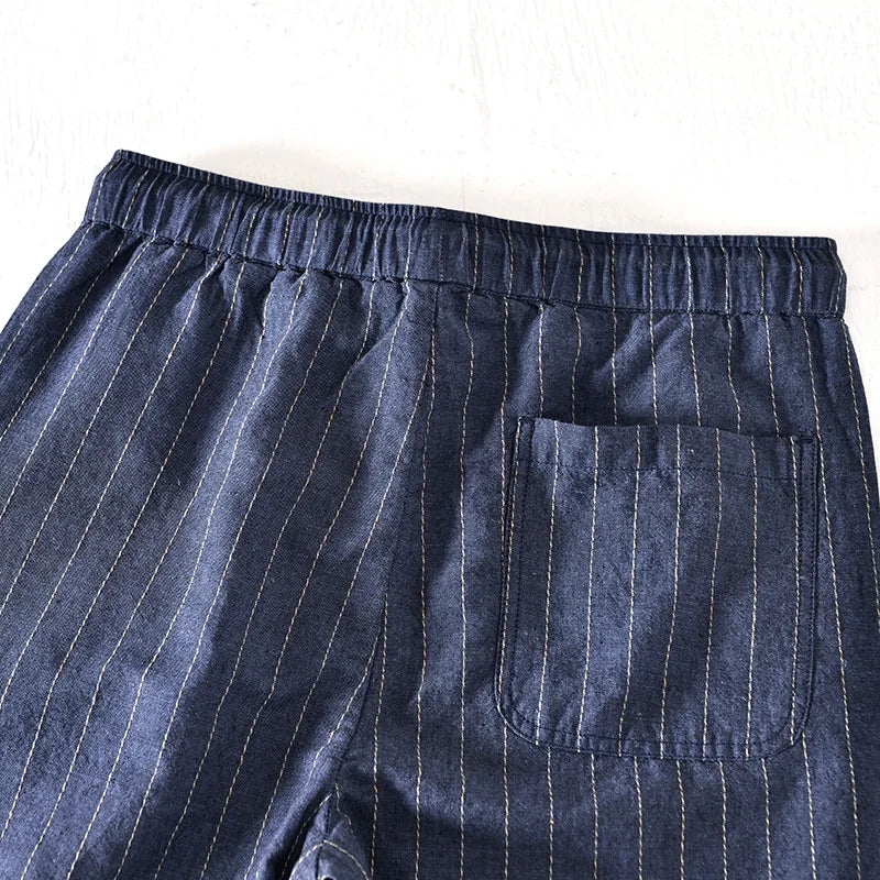 Men's Striped Shorts with Elastic Drawstring Waist Side Pockets and Folded Cuff Hem