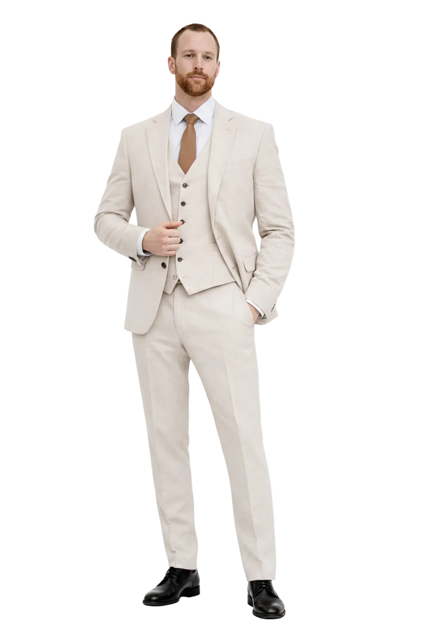 Men's Three-Piece Suit Set with Notch Lapels Button-Front Waistcoat and Flap Pockets