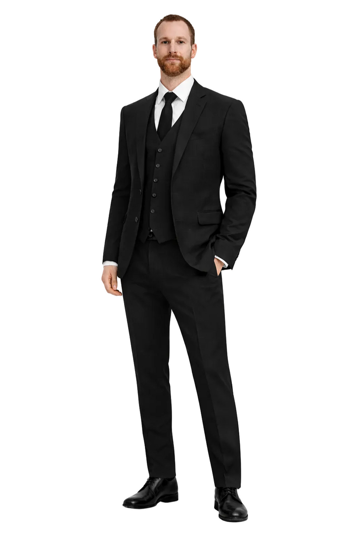 Men's Three-Piece Suit Set with Notch Lapels Button-Front Waistcoat and Flap Pockets