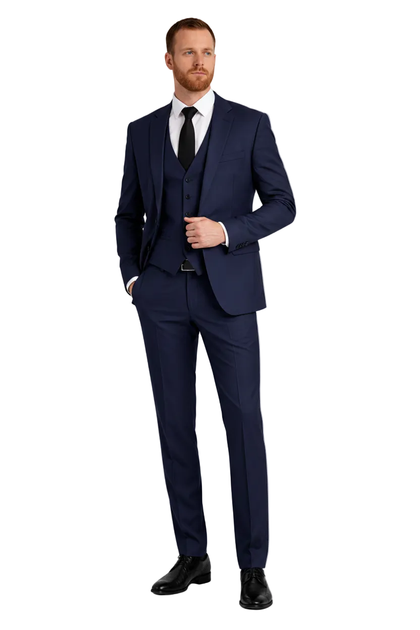 Men's Three-Piece Suit Set with Notch Lapels Button-Front Waistcoat and Flap Pockets