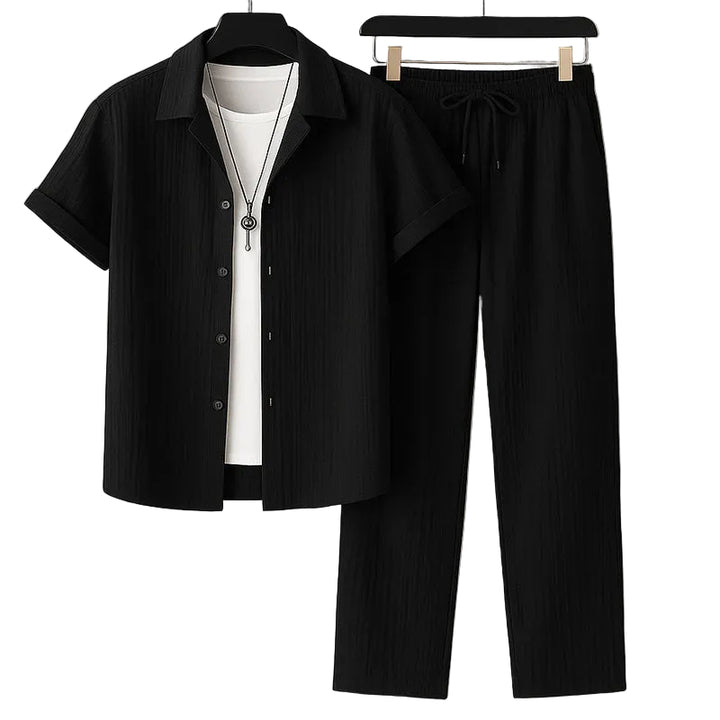 Men's Two-Piece Short-Sleeve Shirt and Trousers Set with Drawstring Waist