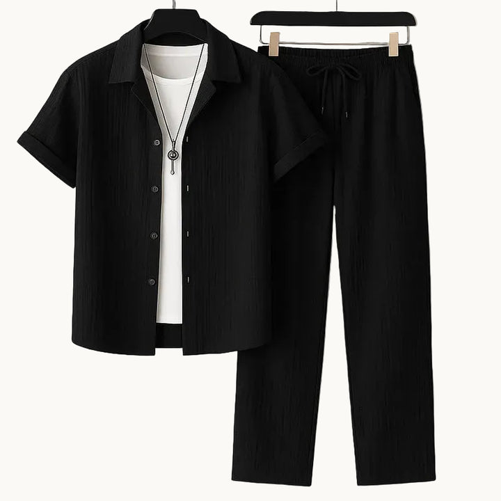 Men's Two-Piece Short-Sleeve Shirt and Trousers Set with Drawstring Waist