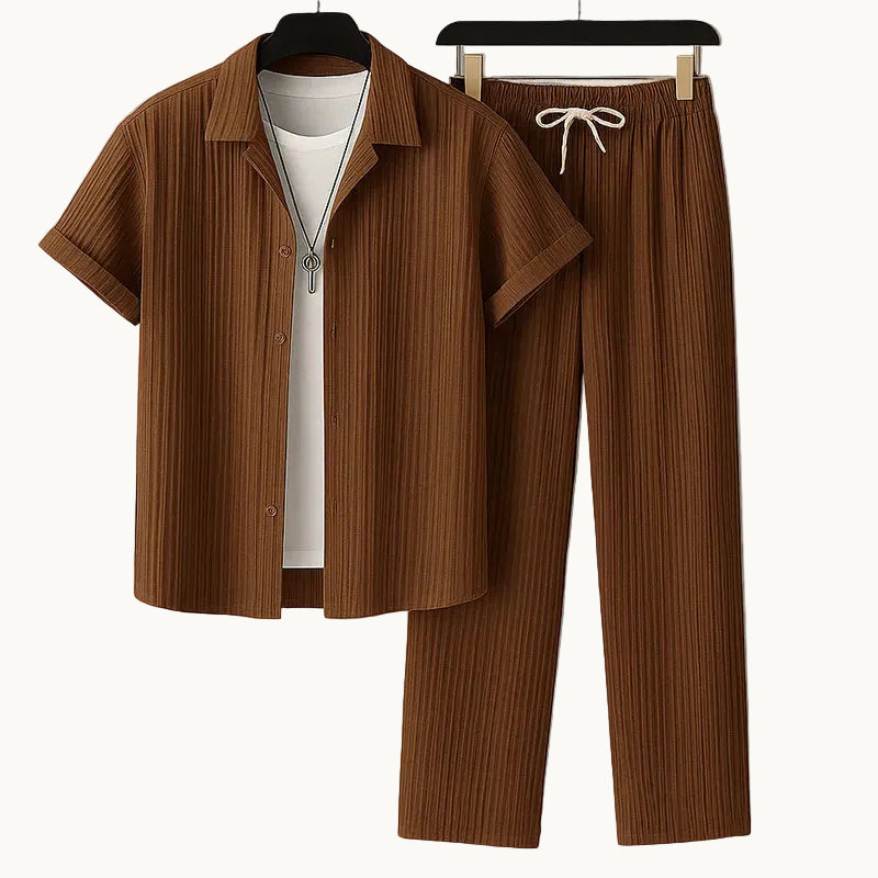 Men's Two-Piece Short-Sleeve Shirt and Trousers Set with Drawstring Waist