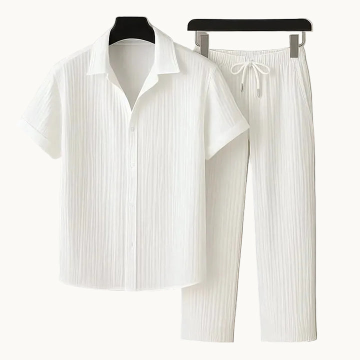 Men's Two-Piece Short-Sleeve Shirt and Trousers Set with Drawstring Waist