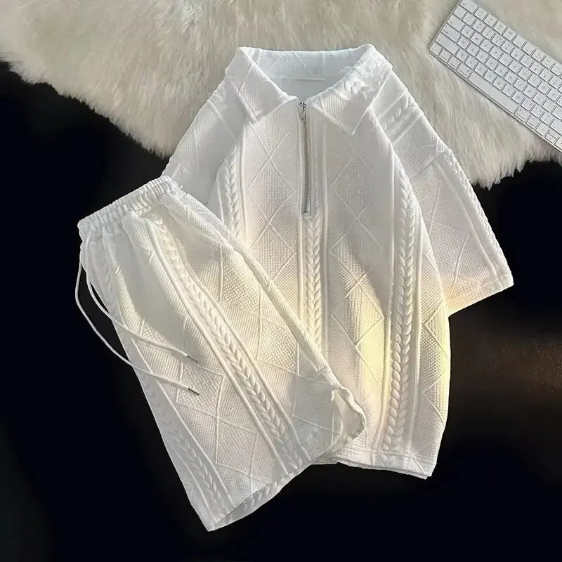 Men's Two-Piece Short-Sleeve Top and Shorts Set with Zip Neckline and Elastic Waistband