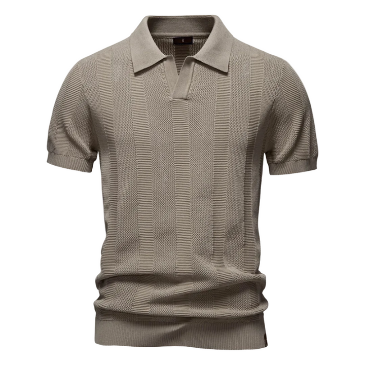 Men's Vertical Knit Polo Shirt with Open V-Neckline and Ribbed Cuffs