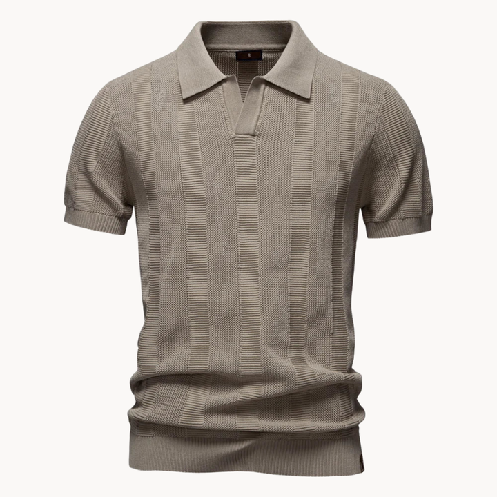 Men's Vertical Knit Polo Shirt with Open V-Neckline and Ribbed Cuffs
