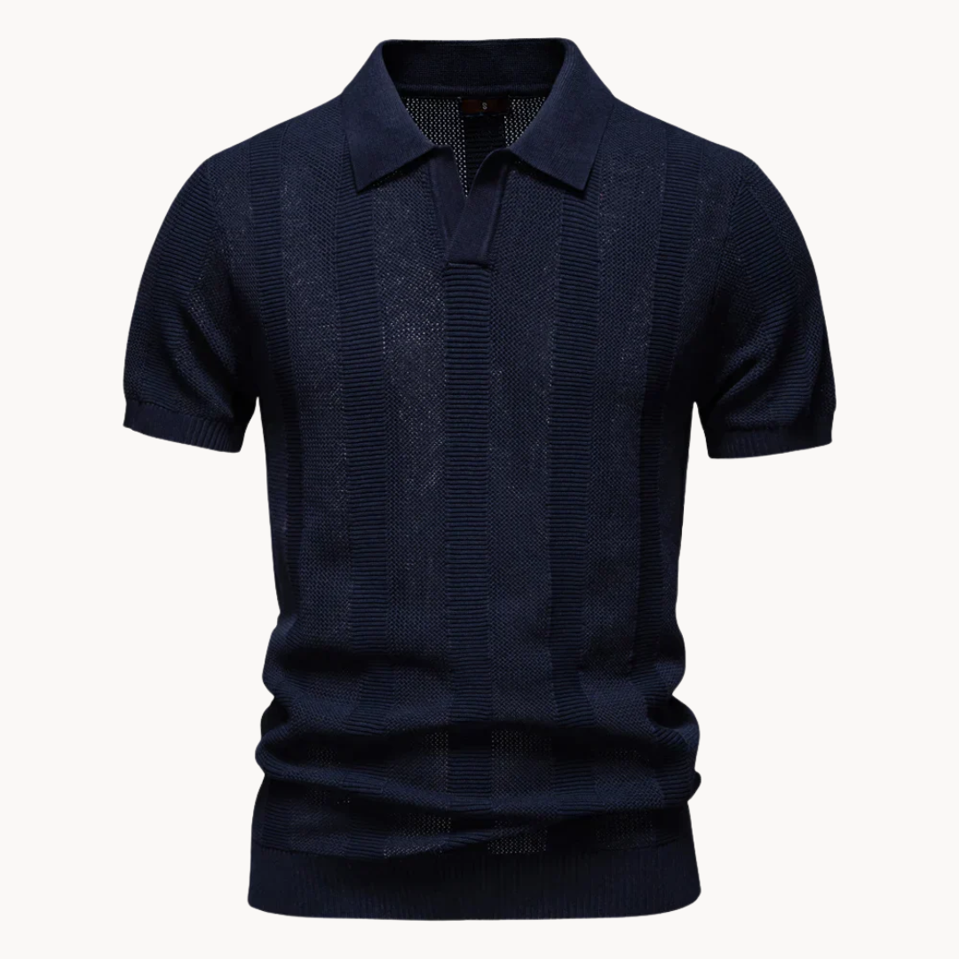 Men's Vertical Knit Polo Shirt with Open V-Neckline and Ribbed Cuffs