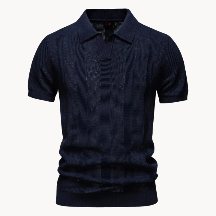 Men's Vertical Knit Polo Shirt with Open V-Neckline and Ribbed Cuffs