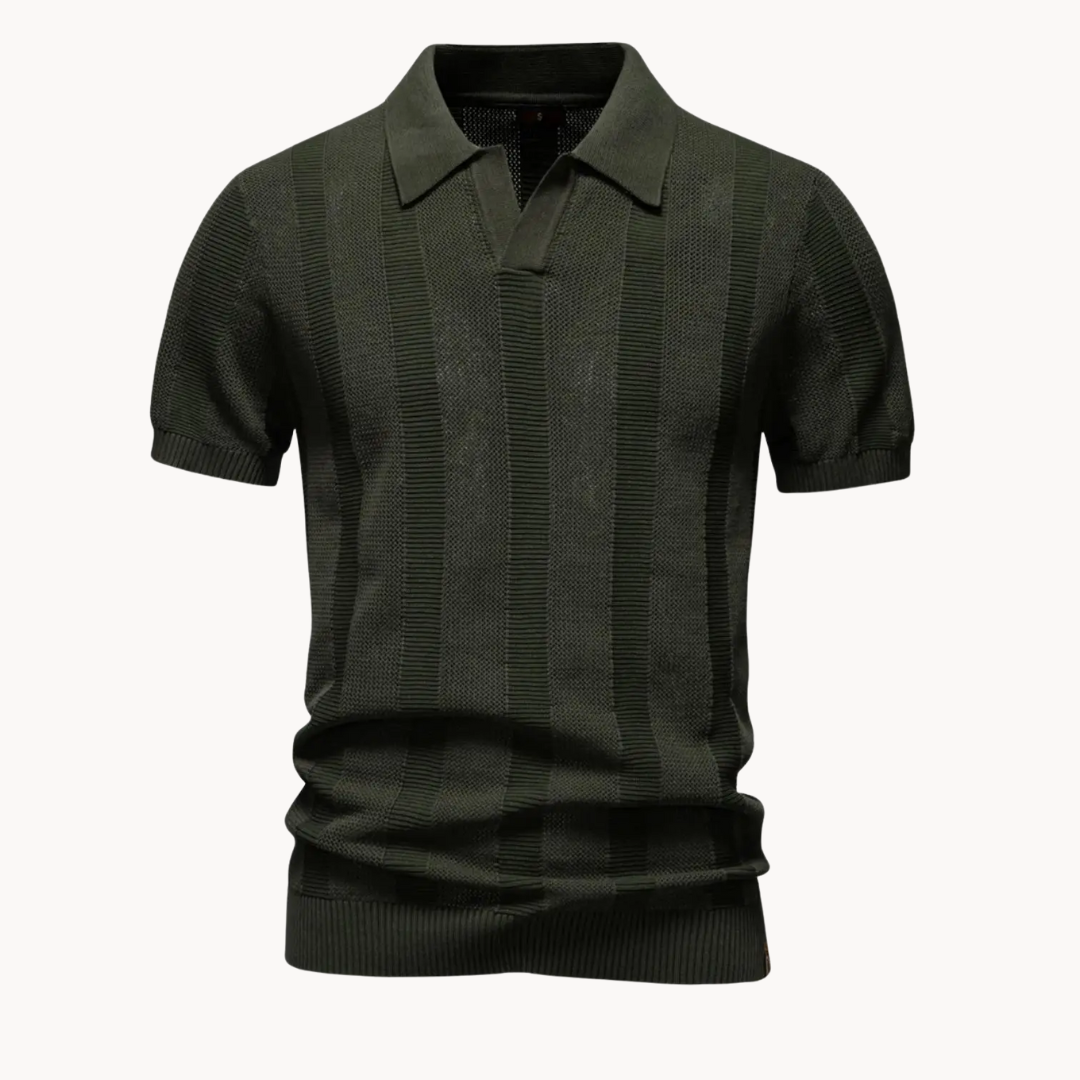 Men's Vertical Knit Polo Shirt with Open V-Neckline and Ribbed Cuffs