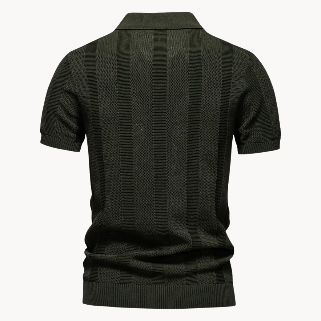 Men's Vertical Knit Polo Shirt with Open V-Neckline and Ribbed Cuffs
