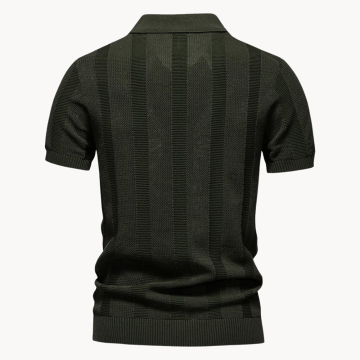 Men's Vertical Knit Polo Shirt with Open V-Neckline and Ribbed Cuffs