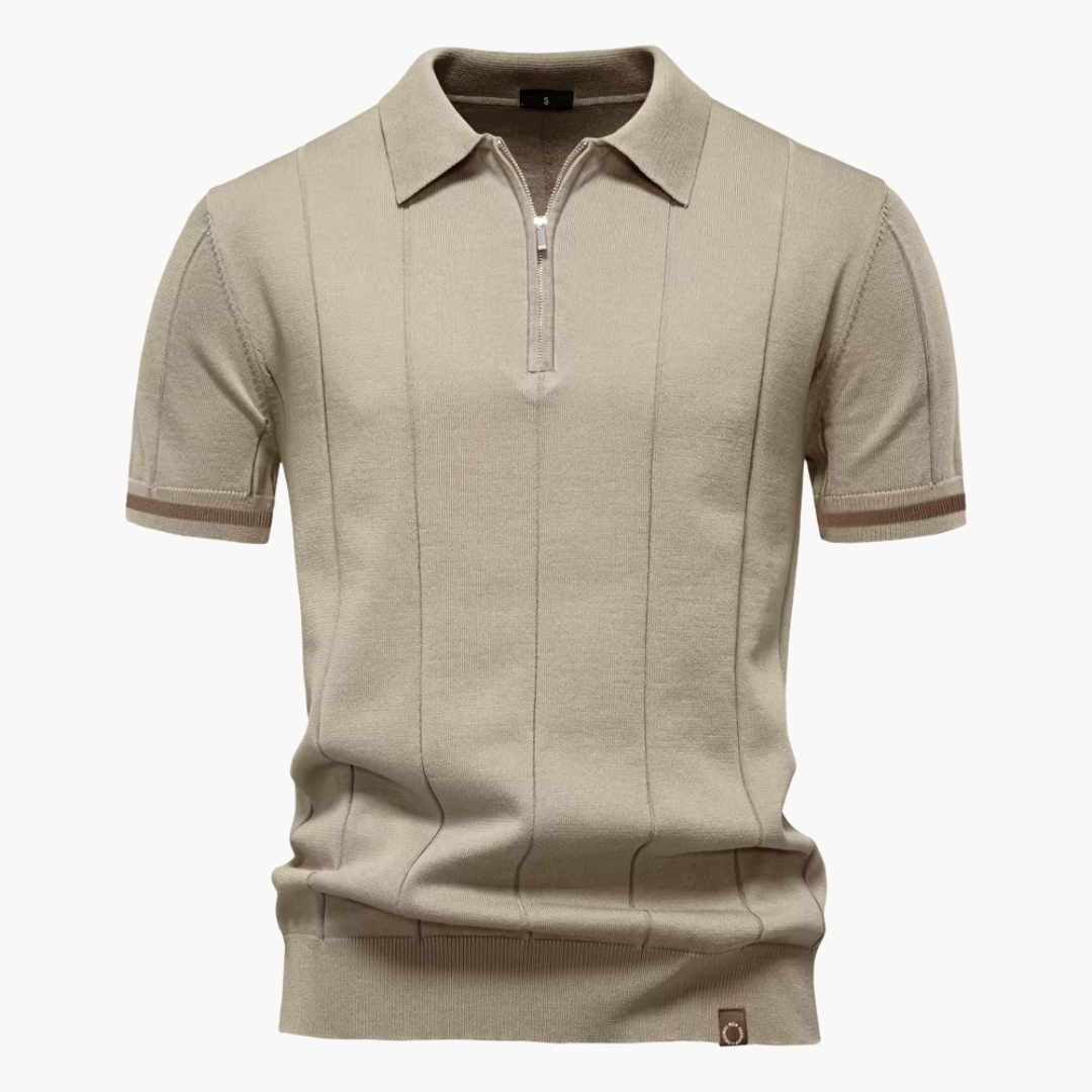 Men's Vertical Panel Short-Sleeve Polo Shirt with Quarter Zip Closure and Contrast Tipped Cuffs