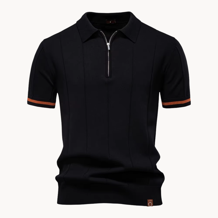 Men's Vertical Panel Short-Sleeve Polo Shirt with Quarter Zip Closure and Contrast Tipped Cuffs