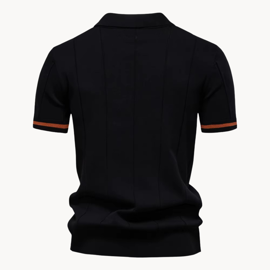 Men's Vertical Panel Short-Sleeve Polo Shirt with Quarter Zip Closure and Contrast Tipped Cuffs