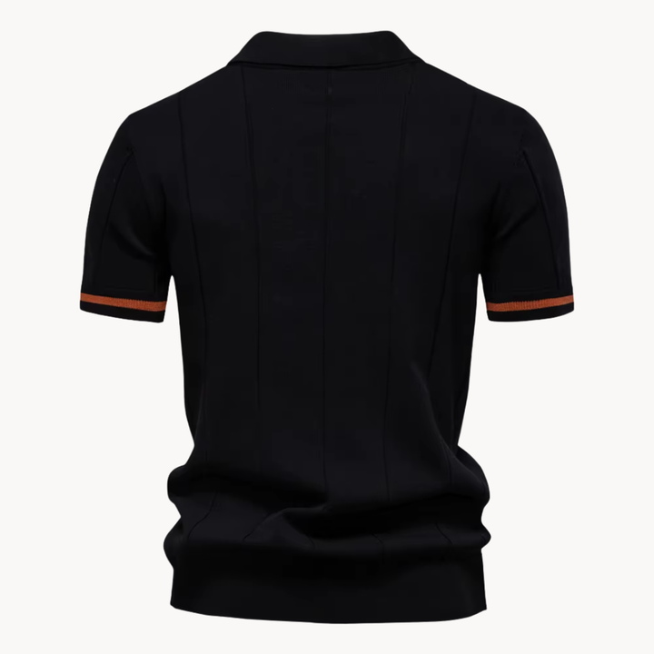 Men's Vertical Panel Short-Sleeve Polo Shirt with Quarter Zip Closure and Contrast Tipped Cuffs