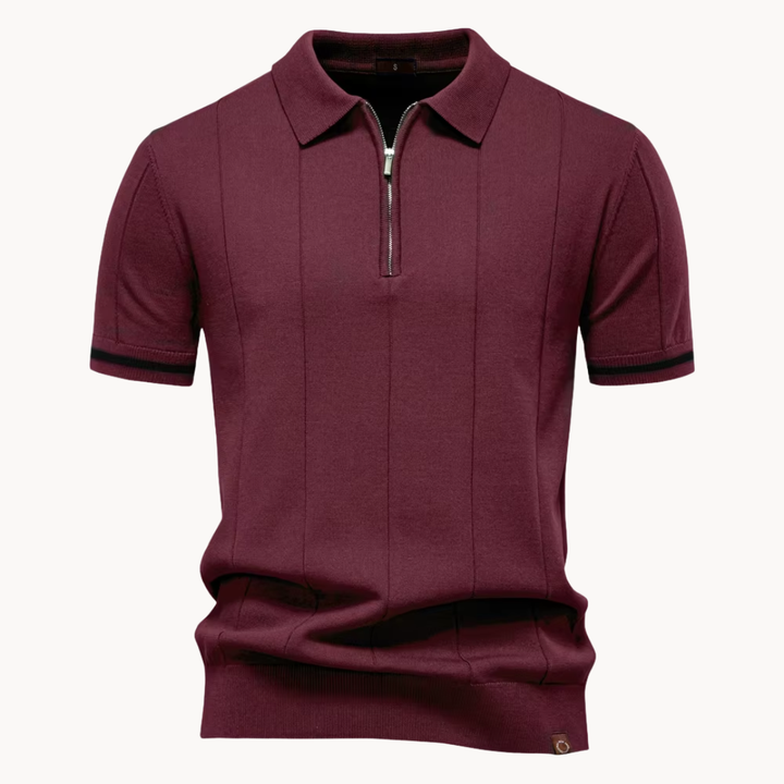 Men's Vertical Panel Short-Sleeve Polo Shirt with Quarter Zip Closure and Contrast Tipped Cuffs