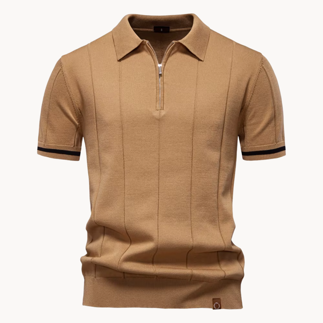 Men's Vertical Panel Short-Sleeve Polo Shirt with Quarter Zip Closure and Contrast Tipped Cuffs
